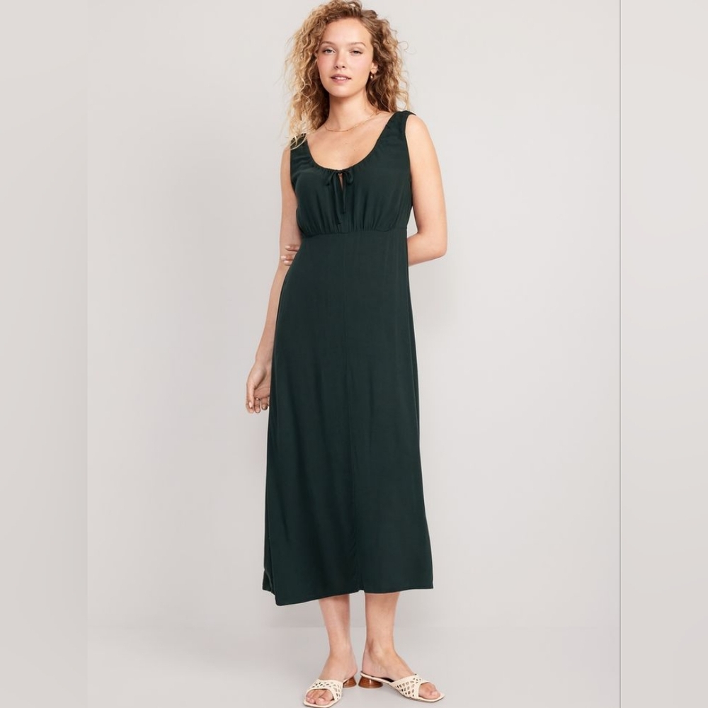 Hunter Green Waist-Defined Sleeveless Tie-Front Midi Dress Old Navy